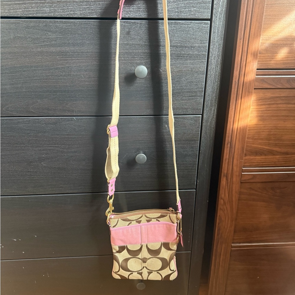 Coach Pink and Tan Signature Crossbody Bag